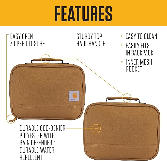 Carhartt Insulated Lunch Cooler For Men and Women, Fully Insulated Lunch Pale for Everyday Use, 4 Can (Black)