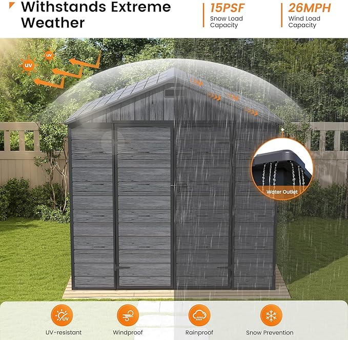 UDPATIO Resin Storage Shed 8 x 6 FT, Plastic Outdoor Storage Shed with Floor Outdside Storage Garden Patio Sheds with Lockable Door for Bike, Garbage Can, Tool, Dark Grey