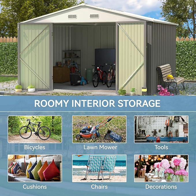 Patiowell 10x8 FT Storage Shed, Outdoor Metal Sheds with Lockable Door and Sloping Roof, Waterproof Outside Large Garden Tool Shed with Breathable Vents for Patio Lawn Backyard, Gray