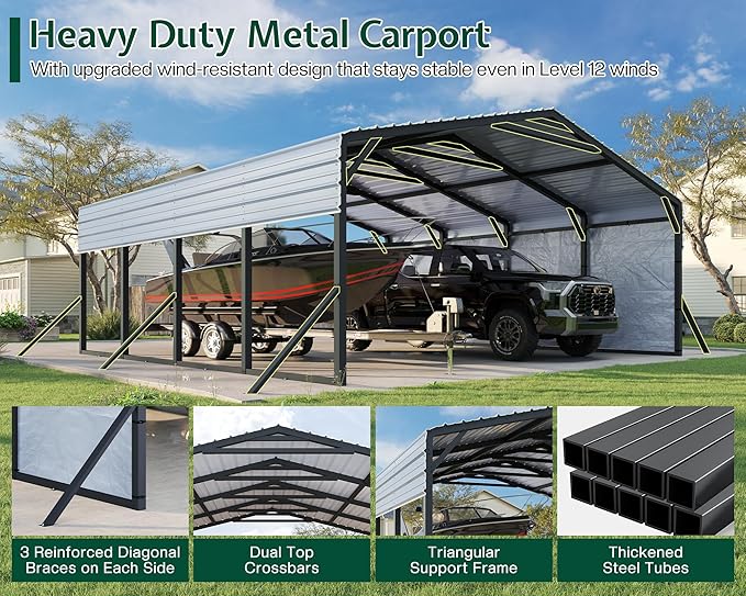 Jocisland 20x20 FT Heavy Duty Metal Carport, All-Weather Car Carport with Waterproof Removable Sidewall, Galvanized Steel Roof & Reinforced Base, Canopy for Bass Boats, Full-Sized Pickups and Tractors