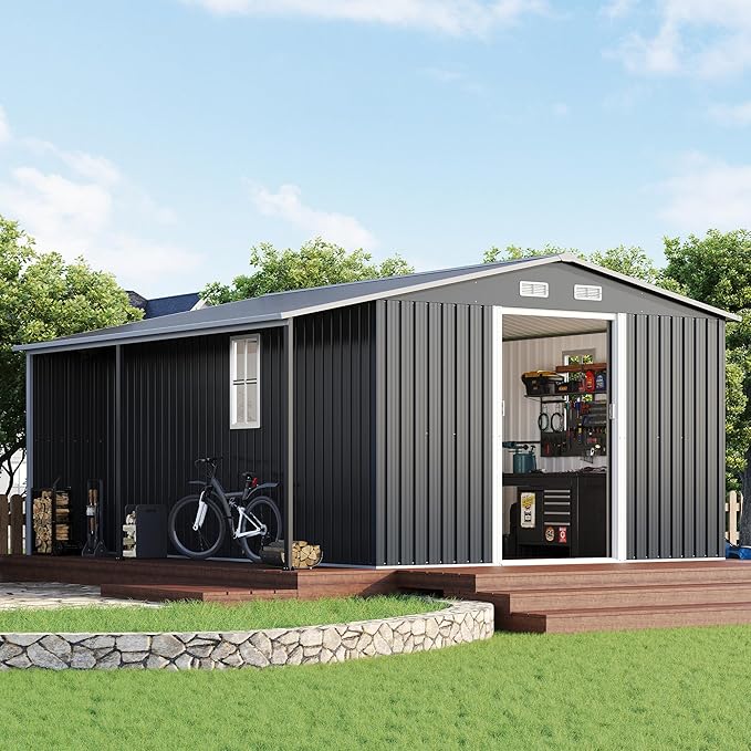 Jocisland 12x12x6.6 FT Galvanized Metal Storage Shed with Open Firewood Storage, Sliding Doors & Ramp, 2 Windows & Vents, Weather-Resistant Outdoor Tool/Garden Shed, Dark Grey/White