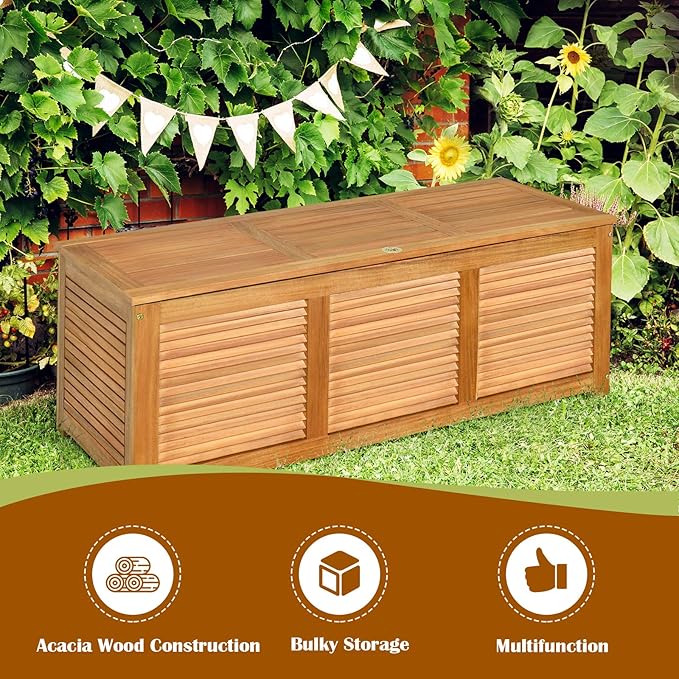 Tangkula 46 Gallon Acacia Wood Deck Box, Garden Backyard Storage Bench, Outdoor Storage Container for Patio Furniture Cushions and Gardening Tools