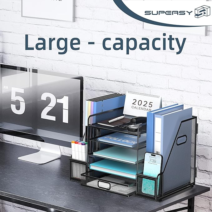 SUPEASY Mesh Desk Organizer with File Holder, 5-Tier Paper Letter Tray Organizer with Magazine Holder, Desktop Organizer and Storage with Drawer for Office Supplies Home or School (Black)