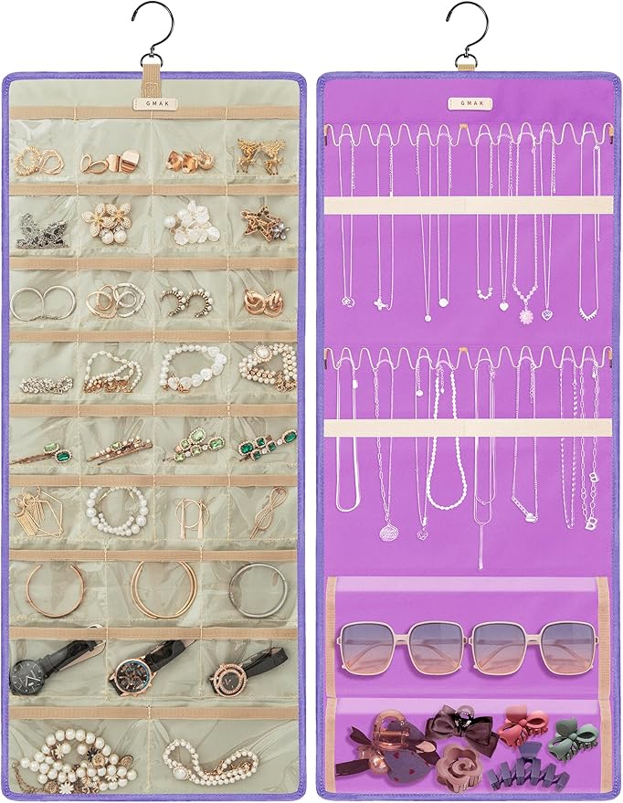 GMAK Hanging Jewelry Organizer with Hanger Metal Hooks, Double-Sided Jewelry Holder Accessories Organizer Storage Roll for Jewelry, Earrings, Bracelets, Necklaces, Rings - Light Purple
