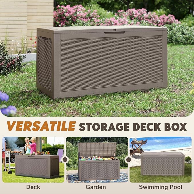Oudoor Storage Deck Boxes Waterproof, Waterproof and UV Resistant Outdoor Storage Box Lockable Lid for Delivery Box, Indoor, Garden Tools, Pool Supplies, Patio (Grey, 110 Gallon)