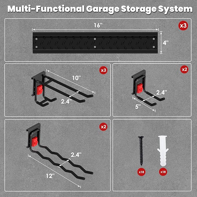 Garage Tool Organizer Wall Mount, Upgraded 48" Heavy Duty Garage Storage Tool Rack, Thickened Metal Wall System with 7 Adjustable Anti-Slip Hooks, 550 lbs Load Capacity, Reinforced Locking, For Garden
