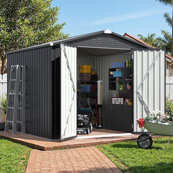 JUMMICO 8x8 FT Outdoor Storage Shed, Heavy Duty Tool Metal Sheds with Lockable Doors and Updated Frame Structure for Backyard Patio Lawn, Black