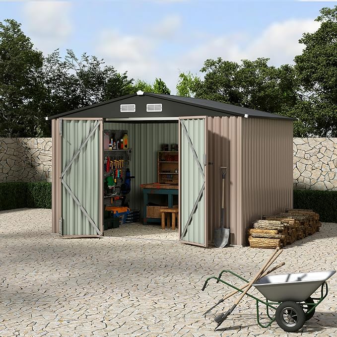 Heavy-Duty 8x10 ft Metal Garden Shed with Air Vent & Lockable Door, Outdoor Storage Shed for Yard, Patio, Lawn, Rust-Resistant Utility Shed, All-Season Use