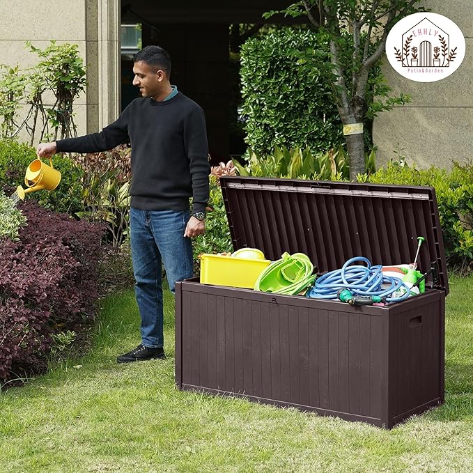 EHHLY 120 Gallon Outdoor Storage Box Large, Lockable Outside Containers Waterproof Patio Cushions Storage Deck Boxes, Plastic Garden Hose Boxes Resin Pool Storage Bins, Brown