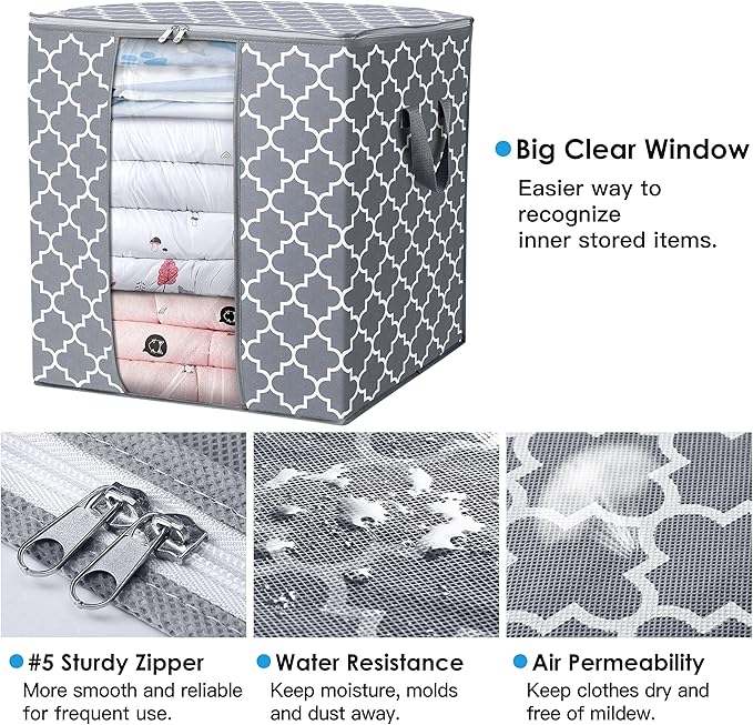 WISELIFE Storage Bags 8 Pack/100L Large Blanket Clothes Organization and Storage Containers for Comforters,Bedding, Foldable Organizer with Reinforced Handle, Clear Window, Sturdy Zippers,Light Gray