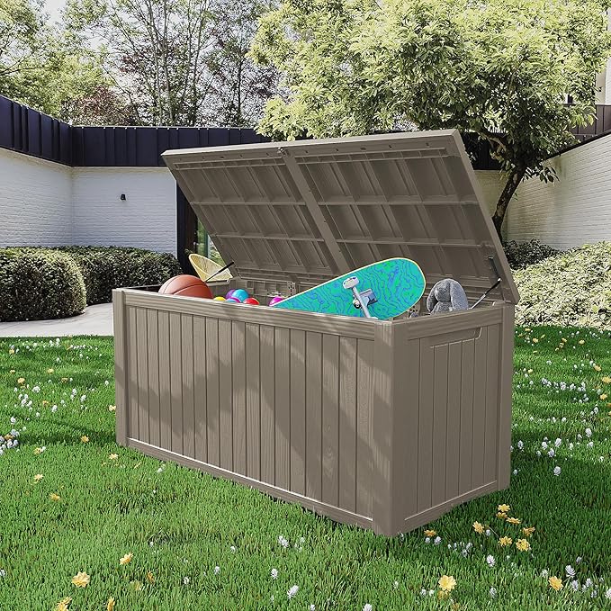 Outdoor Storage Box, 270 Gallon Lockable Resin Deck Box Large Waterproof, Patio Storage Bin for Furniture Cushion, Garden Tools and Pool Accessories, UV-Resistant Bench Cabinet for Outside, Gray