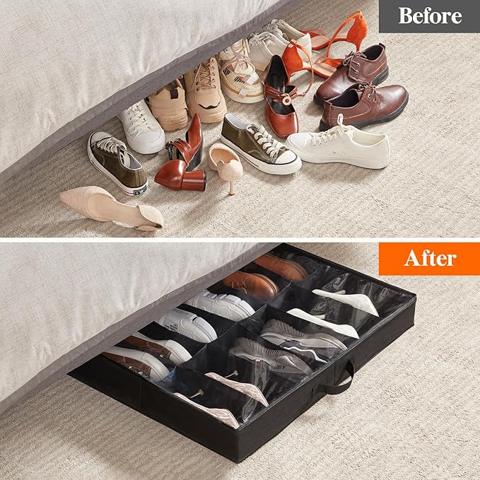 Lifewit Under Bed Shoe Storage Organizer 3 Pack(12 Pairs), 4.3" Tall Fabric Shoes Container Box, Foldable Closet Shoe Bag with 2 Reinforced Handles and Clear Cover, Black