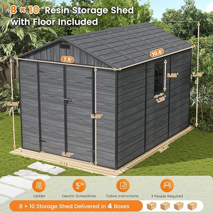 UDPATIO Outdoor Resin Storage Shed 8 x 10 FT, Plastic Storage Shed with Floor Large Outdoors Garden Tool Storage Shed Outside Clearance Shed with Lockable Door for Bike, Backyard, Patio, Dark Grey