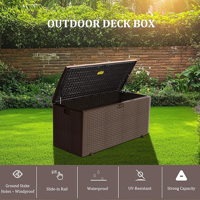 180GAL Deck Box -Grey,Wheeled Footlocker,Waterproof Resin Storage Bin for Patio Cushions