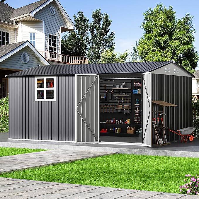 14x10 FT Outdoor Metal Storage Shed with Window, Heavy-Duty Galvanized Steel Tool Shed with Lockable Doors, Waterproof Garden Shed for Backyard, Patio, Lawn, Black