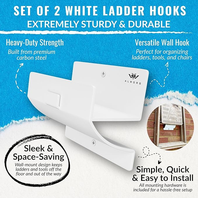 Ladder Hangers for Garage Wall - Set of 2 Ladder Hooks - Use as Ladder Holder Wall Mount or Step Ladder Hanger