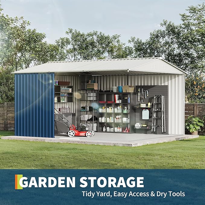 GarveeLife 10x12 FT Metal Storage Shed for Outdoor with Floor Frame&Clear Window,Steel Yard Shed with Design of Lockable Doors, Utility and Tool Storage for Garden, Backyard, Patio, Outside,Navy Blue