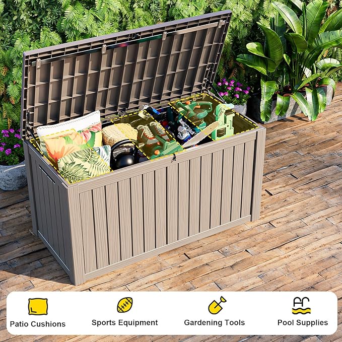 150 GallonOutdoor Storage Box,Resin Deck Boxes Waterproof, IndoorOutdoor Bin for Package Delivery, Patio Cushions, Gardening Tools, Lockable, UV Resistant