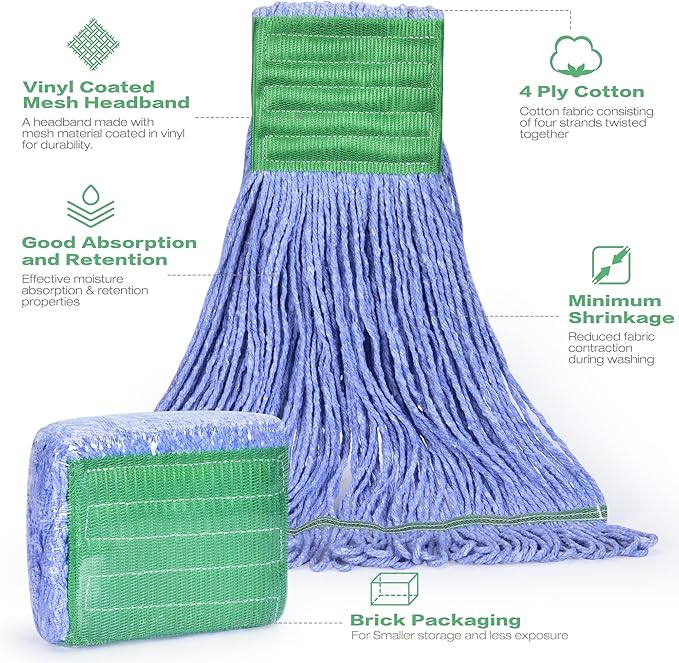 Matthew Cleaning Heavy Duty Mop Head Replacement, 5 Inch Wide Headband, Color Coded Looped End Cotton String Wet Mops for Floor Cleaning, Medium Size 18 oz, 12 Pack