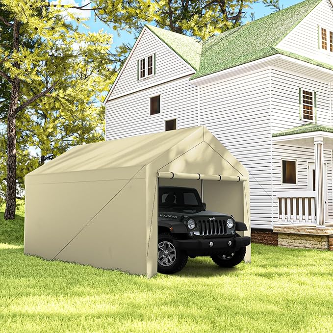 10x20 Carport, Heavy Duty Carports with Removable Sidewalls, Waterproof and UV-Resistant, Portable Outdoor Garage Shelter for Cars, Vehicles, and Boats (Beige)