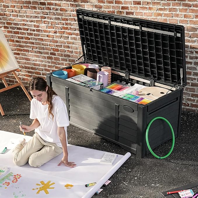 DWVO 150 Gallon Large Deck Box Waterproof Outdoor Storage Box, Extra Large Storage Bin, Resin Louvered Patio Storage for Indoor Pillows, Garden Tools & Pool Supplies, Lockable, Black