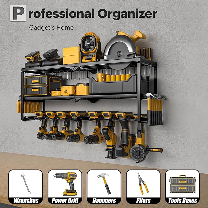 Power Tool Organizer Wall Mount, 15 Min Assembly & Maximum 100lb load by Heavy Duty Metal, 8 Drill Holder, 3 Layers Garage organization and Storage Rack, Tool Shelf With Battery Holder