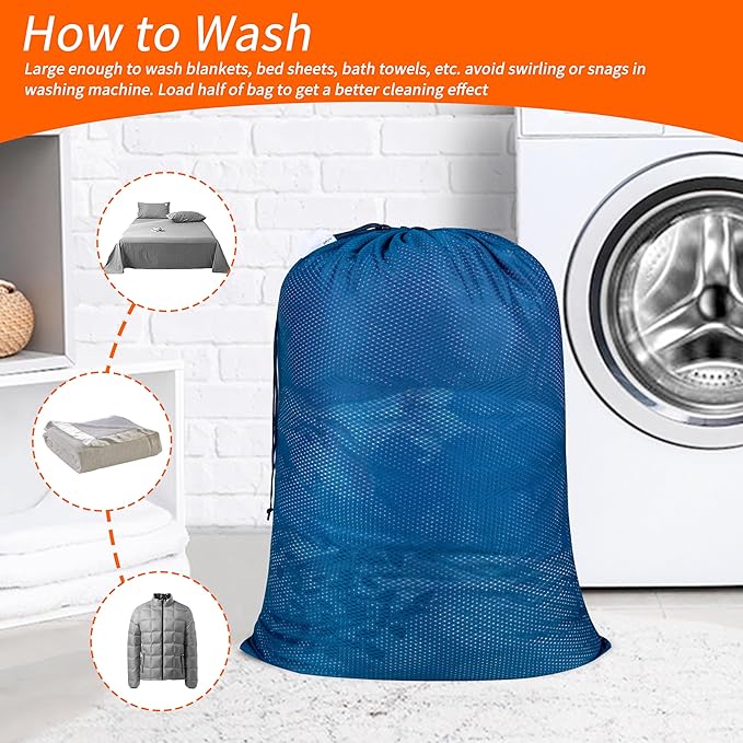 Polecasa Extra Heavy Duty Large Diamond Mesh Laundry Bags with Drawstring Closure & ID Tag, 2 Pack 24 x 36 inches Washable Storage Bag for College, Travel, Sports, Dorms, Blue