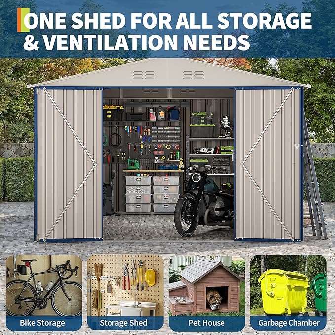 GarveeLife 10x12 FT Metal Storage Shed for Outdoor with Floor Frame&Clear Window,Steel Yard Shed with Design of Lockable Doors, Utility and Tool Storage for Garden, Backyard, Patio, Outside,Navy Blue