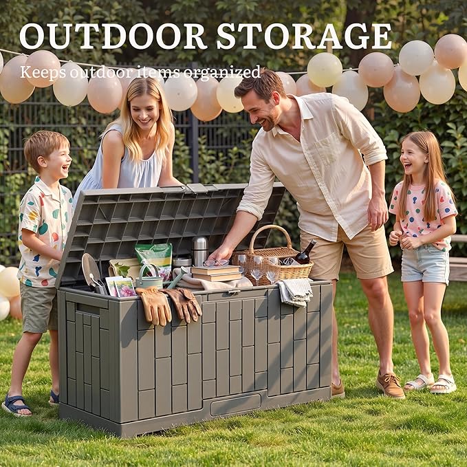YITAHOME 60 Gallon Outdoor Storage Box, Lockable Resin Deck Box with Handles, Waterproof Outdoor Storage Box for Patio Furniture, Garden Tools and Pool Accessories, Light Brown