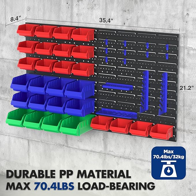 WORKPRO Pegboard Organizer Wall Mounted, 44PC Tool Storage Rack with Bins and Hooks, Peg Board Wall Organizer for Garage Organization, Workshop, Craft Room, Tool Wall Storage System
