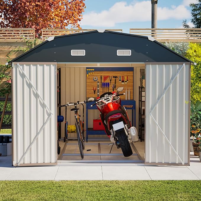10×12 FT Outdoor Storage Shed,Heavy-Duty Metal Shed with Floor Base,All Weather Waterproof Tool Shed W/Diamond Roof & Windows,Lockable Double Door & 4 Air Vents,for Backyard,Patio,Lawn,Brown