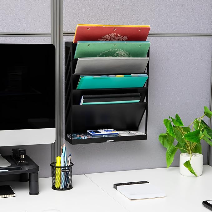 Mind Reader 5-Tier Vertical File Storage, Desktop Organizer, Wall Mount, Office, Plastic, 13"L x 4.25"W x 16"H, Black