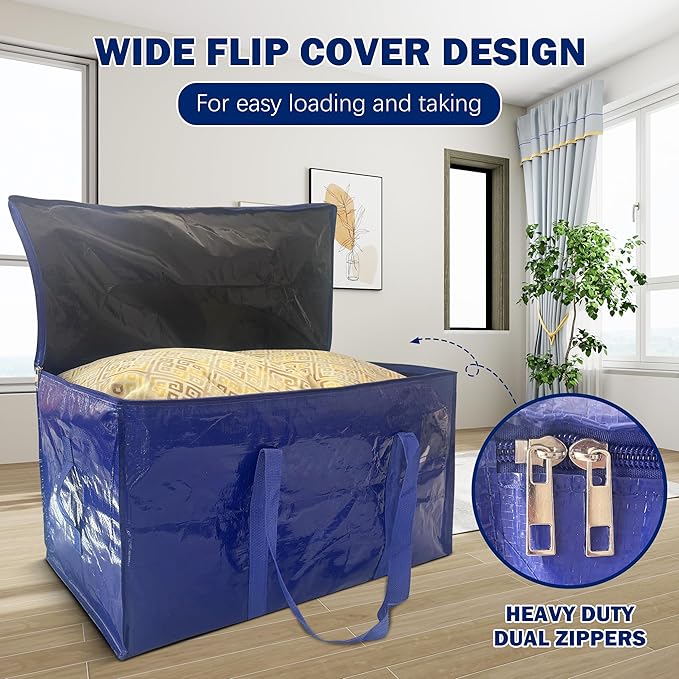 16 Pack Extra Heavy Duty Large Moving Bags with Strong Zipper & Carrying Handles, Sturdy Clothes Storage Bag Totes Bins, Packing Bags Moving Boxes College Moving Supplies, Dark Blue - 24 gal