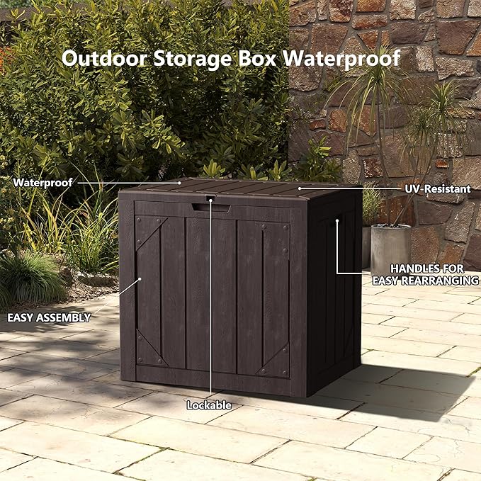 Outdoor Storage Deck Box Waterproof,30 Gallon Lockable Patio Package Delivery Bin as Seat, Resin Storage Container Bench for Furniture Cushions, Pool Accessories, Garden Tools, Brown