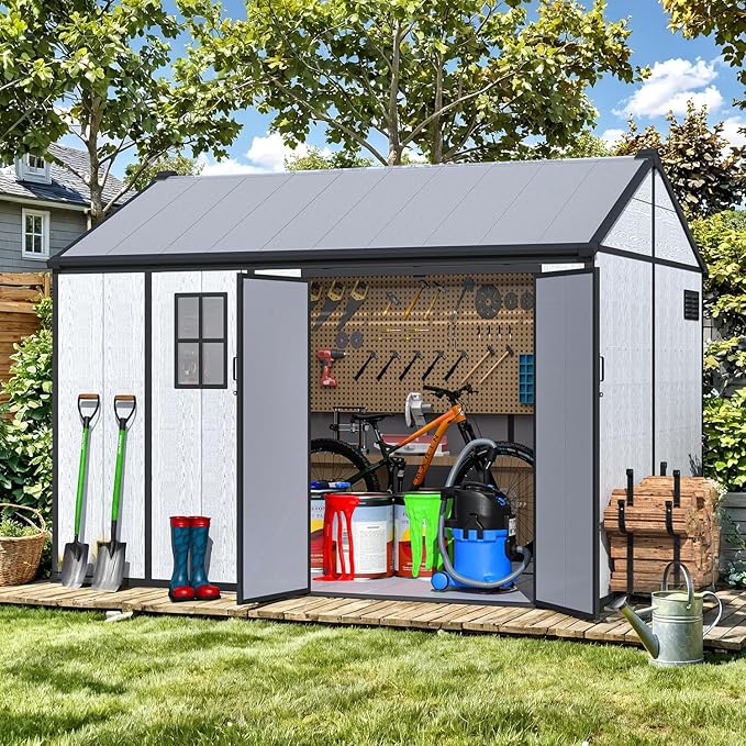 MELLCOM 10 x 8 FT Resin Outdoor Storage Shed with Floor, Resin Outdoor Storage Tool Shed with Windows and Lockable Door, Garden Shed for Lawnmower, Bike, Pool Supply