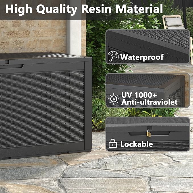 110 Gallon Outdoor Storage Box, Resin Deck Boxes Outdoor Waterproof For Patio Furniture, Garden Tools, Pool Supplies, Lockable And UV Resistant (Rattan Black)