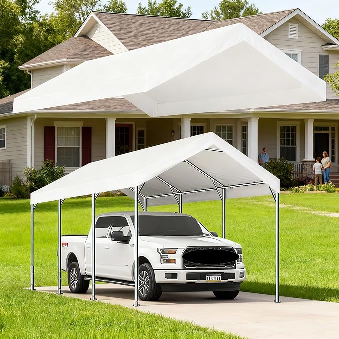 Rutile 10 x 20 Carport Replacement Cover, Heavy Duty Car Tarp Canopy Tent Replacement Top w/Ball Bungees Gray (Only Top Cover, Frame is not Included) (White, 10'x20')