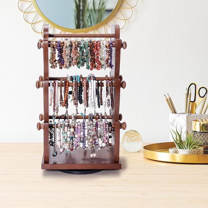 Two-Sided Rotating Wooden Jewelry Bracelet Holder Display Stand with 6 Removable Holders - 3 Tier Bar Bangle Organizer Perfect for Organizing and Showcasing Bracelets, Watches, and Accessories