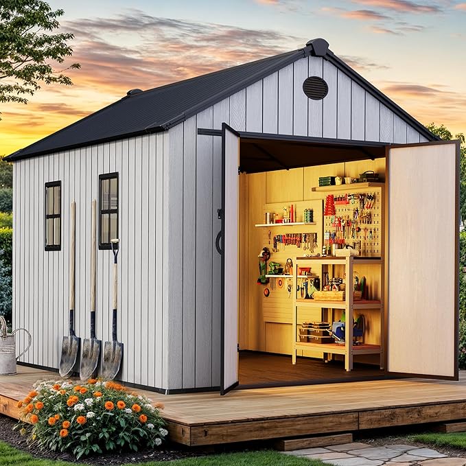YITAHOME 8x10 FT Outdoor Storage Shed with 2 Vision Windows, Extra Thick Plastic Garden Shed, Waterproof Heavy Duty Resin Shed with Floor, Vents & Lockable Doors for Patio, Bikes Tools Supplies, Gray