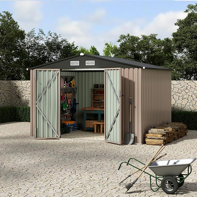 8x10 FT Metal Outdoor Storage Shed with Sloped Roof & Lockable Door, Large Garden Tool Shed for Backyard Patio Lawn, Weatherproof Utility Shed with Air Vents, Dark Brown