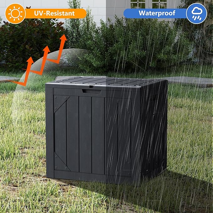 Outdoor Storage Box, 30 Gallon Lockable Resin Deck Box Waterproof, Patio Storage Bin for Furniture Cushion, Garden Tools and Pool Accessories, UV-Resistant Bench Cabinet for Outside, Black