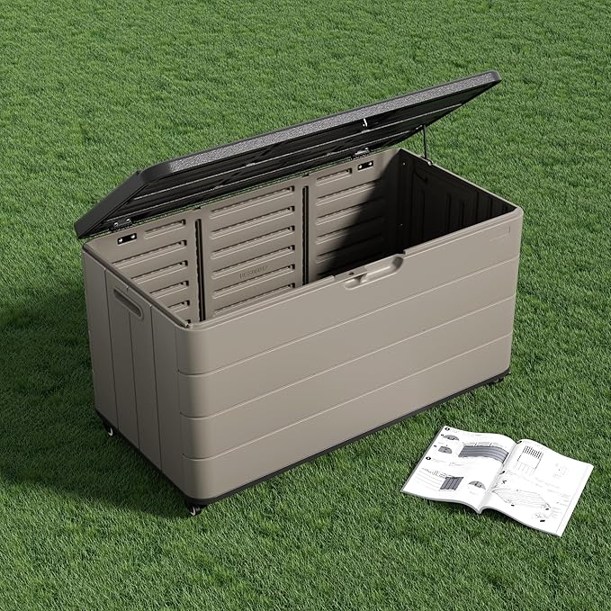 Outdoor Storage Deck Box Waterproof, 110 Gal Wheels Large Lockable Patio Storage Bin Chest, Resin Outside Container Seat Bench for Furniture Cushions, Pool Accessories, Garden Tools & Delivery, Brown