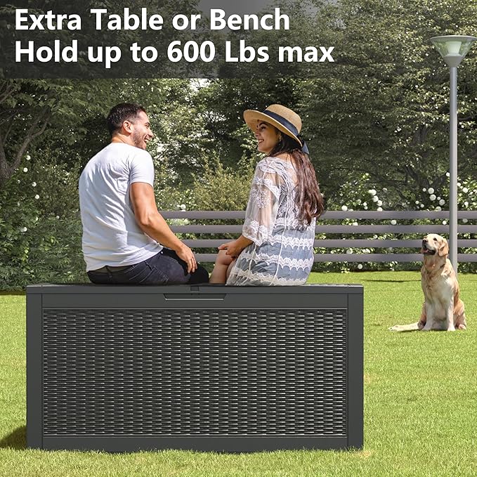 110 Gallon Outdoor Storage Box, Resin Deck Boxes Outdoor Waterproof For Patio Furniture, Garden Tools, Pool Supplies, Lockable And UV Resistant (Rattan Black)