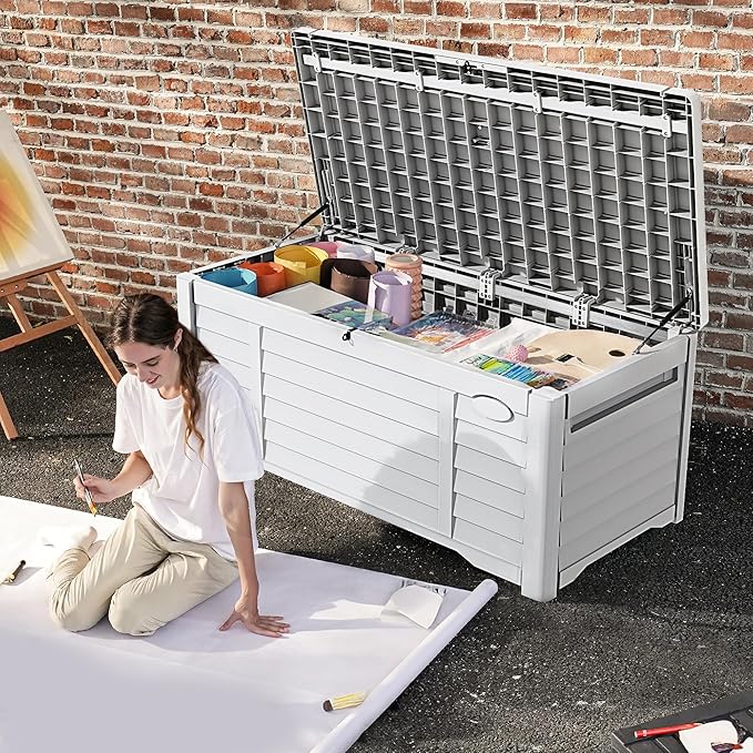 DWVO Large Deck Box 150 Gallon Waterproof Outdoor Storage Box, Extra Large Outdoor Bin, Resin Louvered Patio Storage for Indoor Pillows, Garden Tools & Pool Supplies, Lockable, White