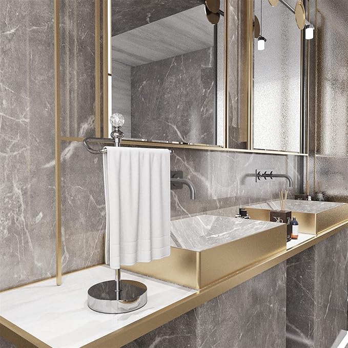 Heavy Weighted Towel Holder (with Crystal Ball) Standing Towel Holder - Total Height 15.7'' for Kitchen, Bathroom, Vanity - Classic Decorative Metal Hand Towel Stand, Polished Chrome