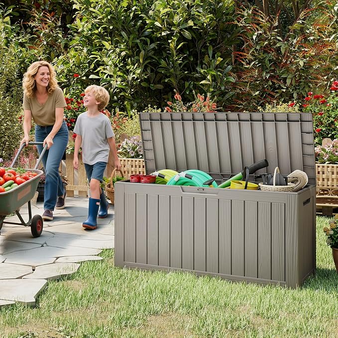 Outdoor Storage Box, 75 Gallon Deck Box Waterproof, Resin Patio Storage Bin for Package Delivery, Patio Furniture Cushion, Garden Tools, Pool Accessories, Weatherproof, Grey