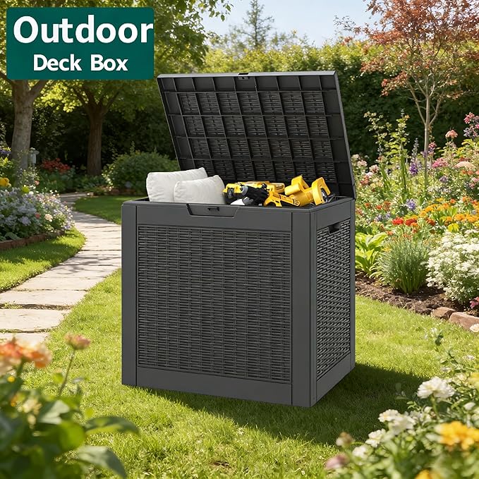 30 Gallon Outdoor Storage Box, Resin Deck Boxes Outdoor Waterproof For Patio Furniture, Garden Tools, Pool Supplies, Lockable And UV Resistant (Rattan Gray)