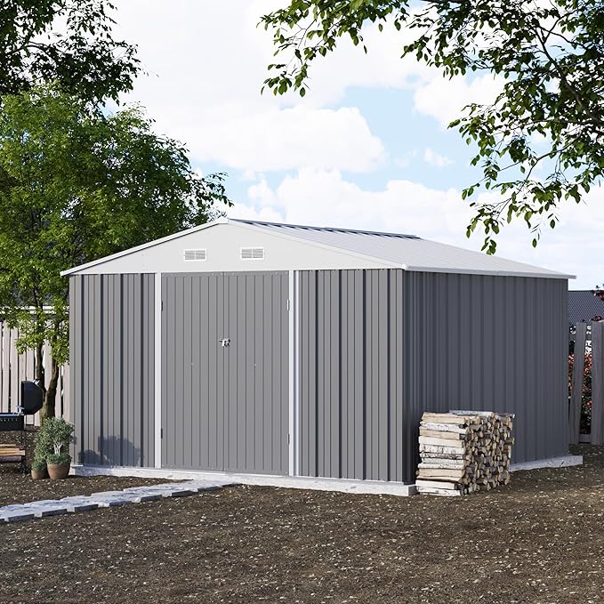 Patiowell 10 x 10 FT Outdoor Storage Shed with Floor Frame, Metal Yard Shed with Design of Lockable Doors, Utility and Tool Storage for Garden, Patio, Backyard, Outside use, Gray