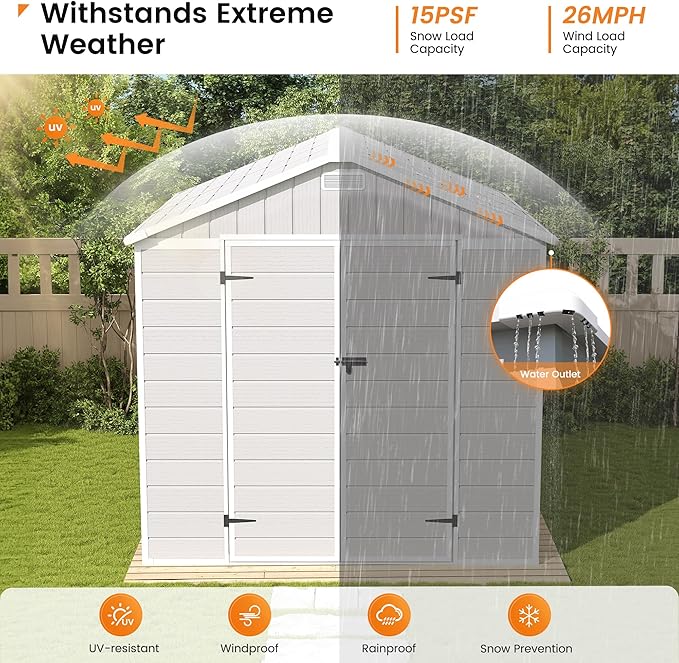 UDPATIO Resin Storage Shed 8 x 8 FT, Outdoor Garden Sheds with Floor Plastic Patio Outdoor Storage Shed with Lockable Door, Sandstone