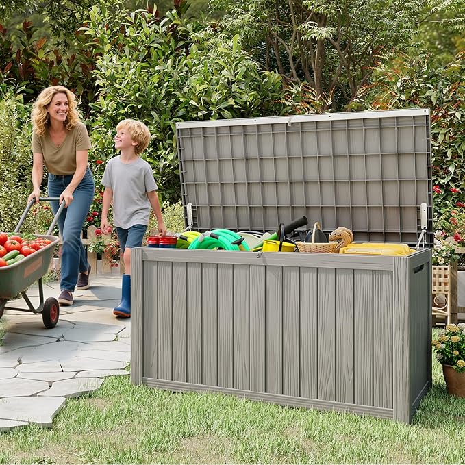 Outdoor Storage Box, 200 Gallon Waterproof Resin Deck Box, Storage Bin for Package Delivery, Patio Furniture Cushion, Garden Tools, Pool Accessories, Weatherproof and UV Resistant, Grey